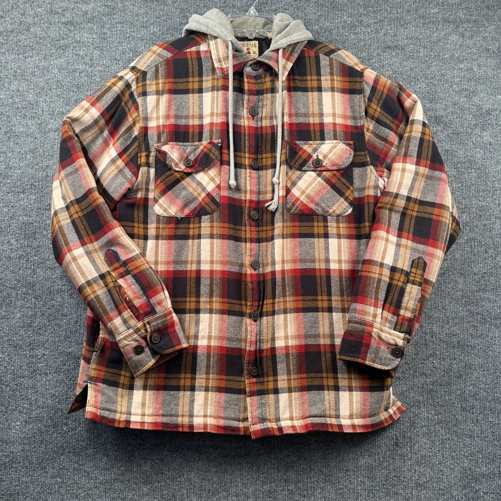 Redhead Mens Plaid Quilted Flannel Shirt Jacket Hooded L Red Tan Black Gorpcore